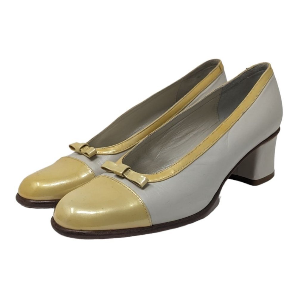 Vintage Silvia Catucci Blocked Heel Pump Shoes Bow Leather Yellow Ivory Italy 8B